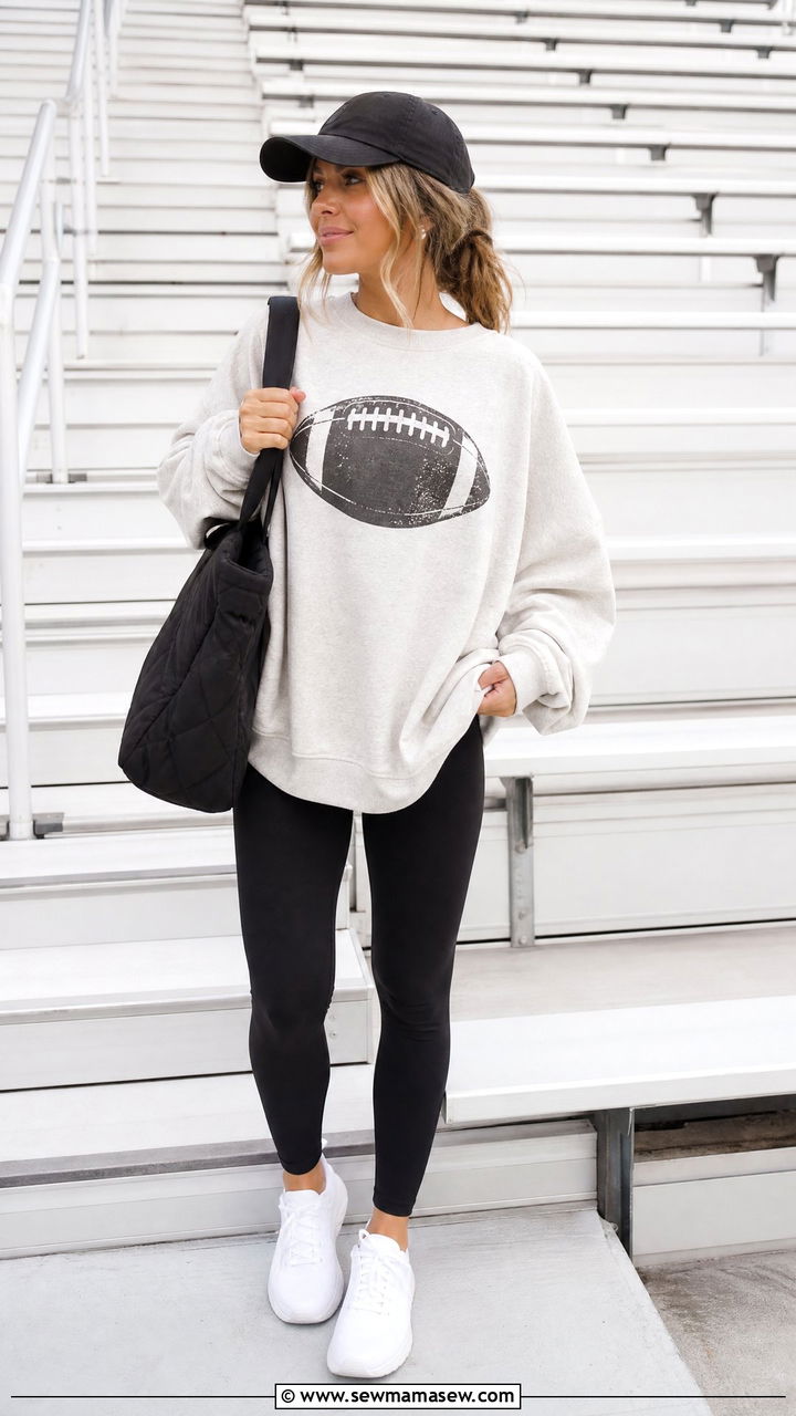 Graphic Sweatshirt and Black Leggings Outfit - 25 Football game outfit ideas mom
