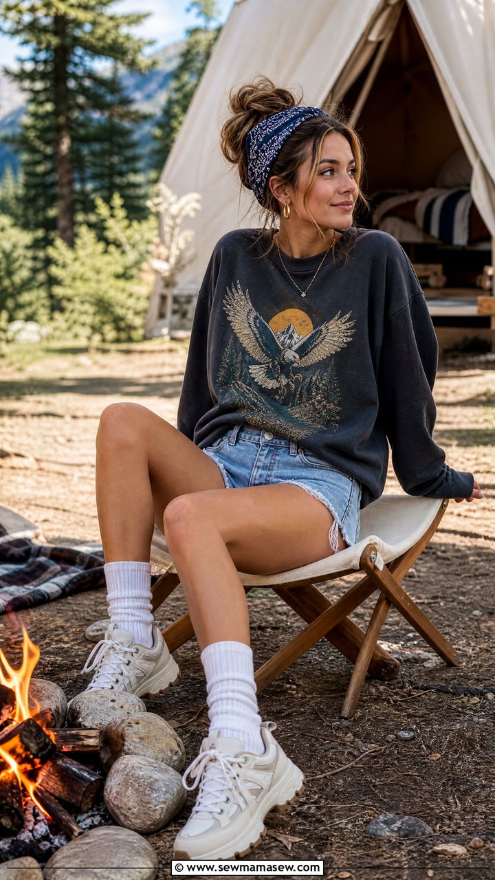 Graphic Sweatshirt and Denim Shorts Glamping Outfit - 25 Glamping outfit ideas