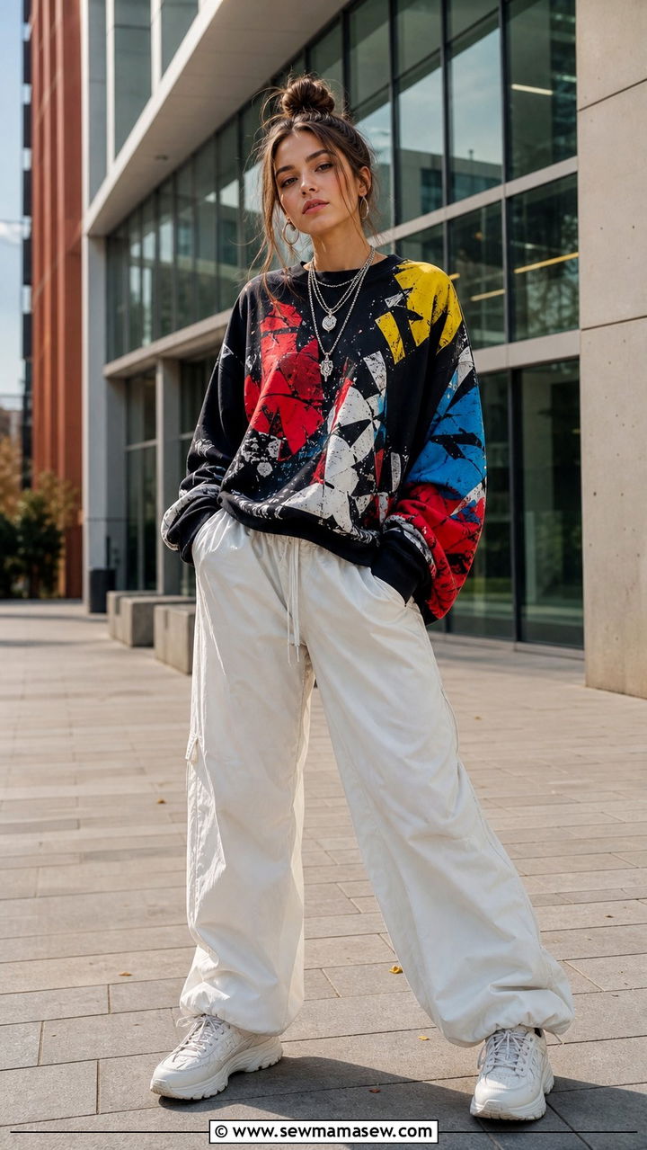 Graphic Sweatshirt and Parachute Pants Outfit - 35 Back to school outfit ideas college freshman
