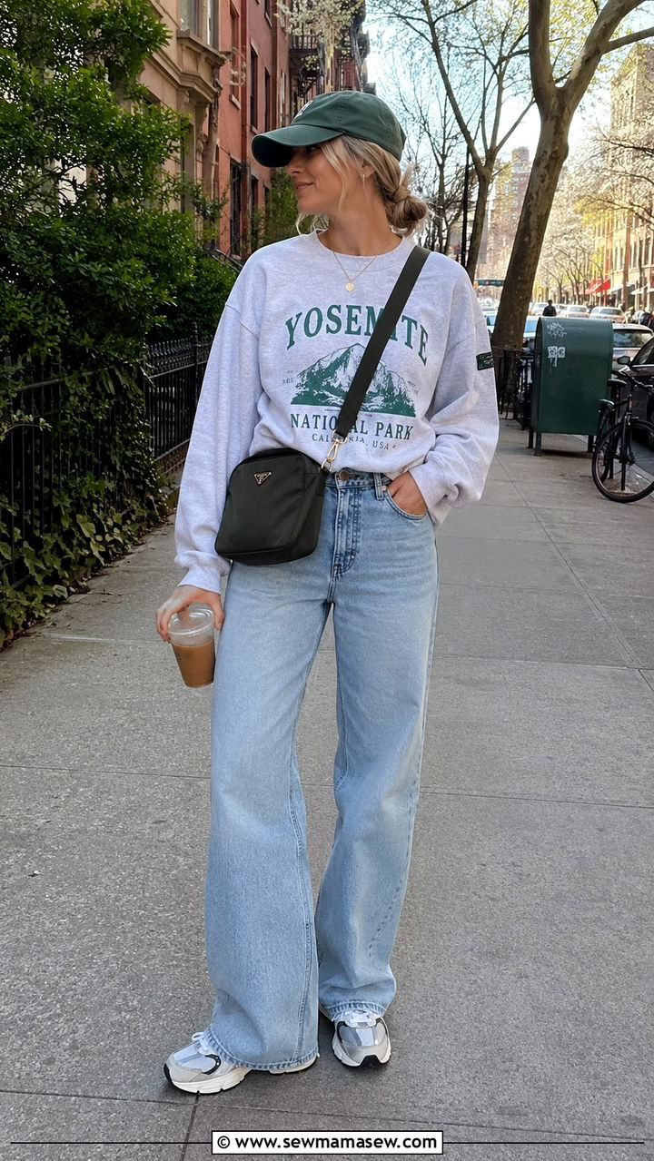 Graphic Sweatshirt and Wide Leg Jeans - 30 Spring outfits with wide leg jeans