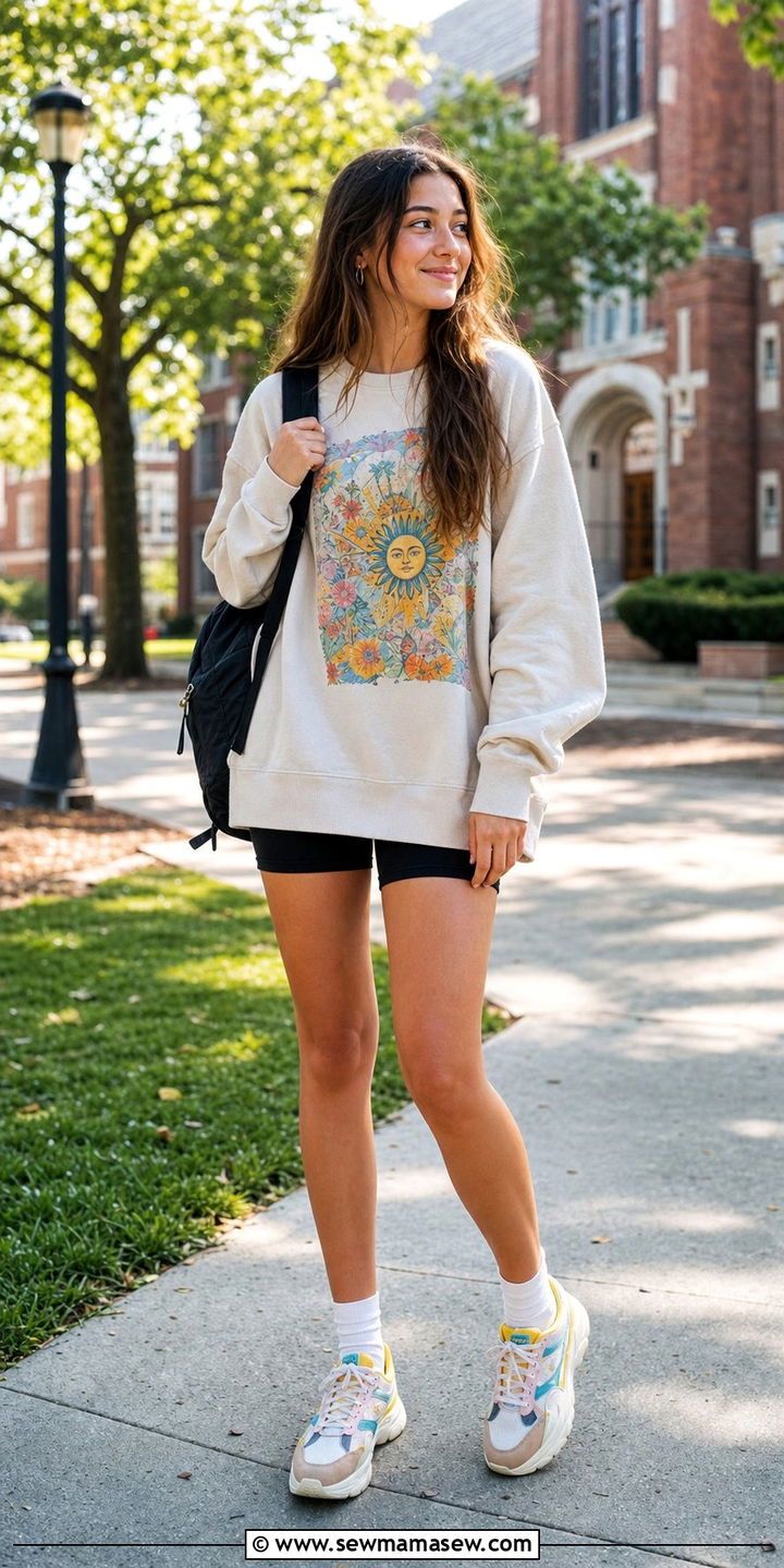 Graphic Sweatshirt as a Mini Dress with Biker Shorts - 35 Back to school outfit ideas 2026