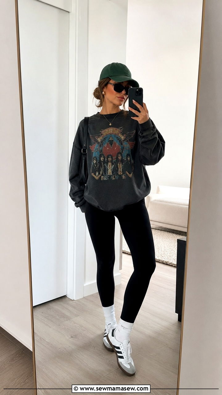 Graphic Sweatshirt with Leggings and a Baseball Cap - 30 Sweatshirt and leggings outfit ideas