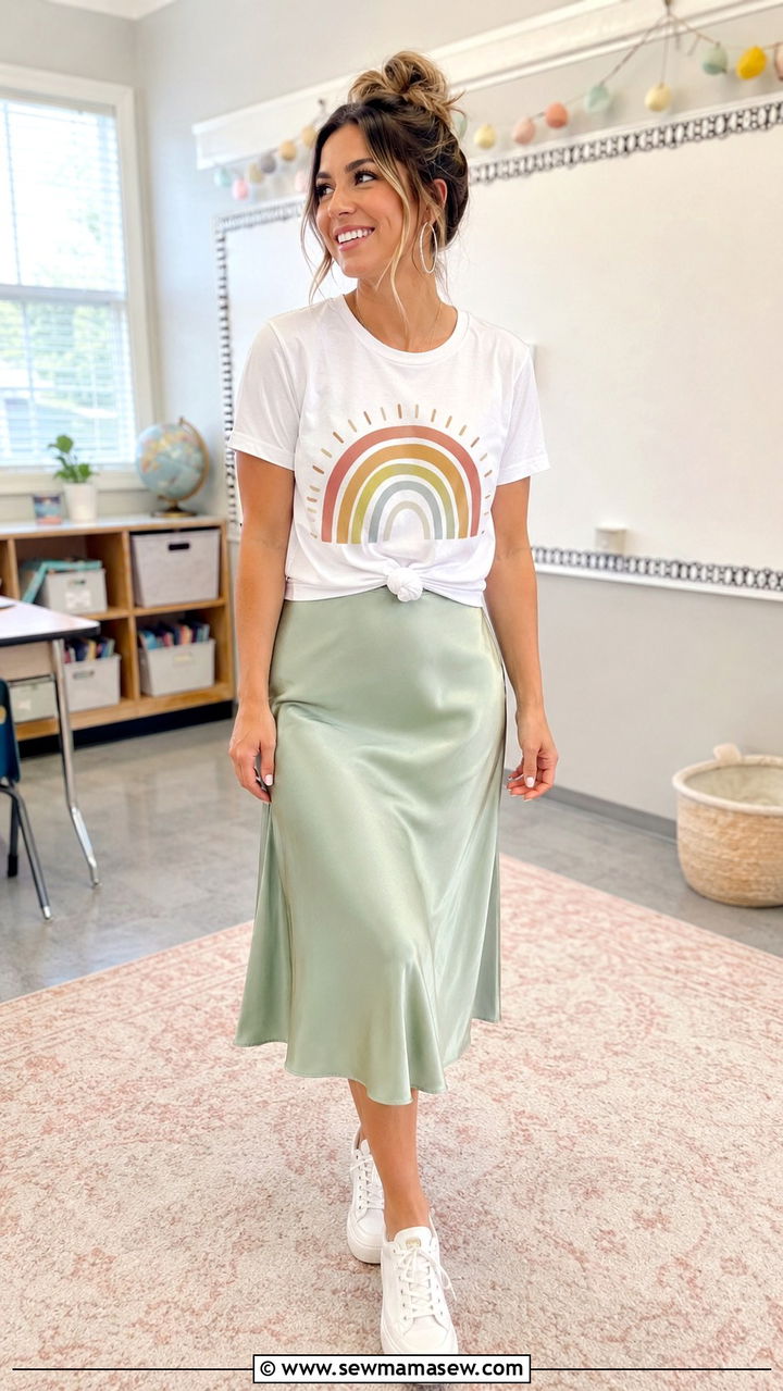 Graphic T Shirt and Midi Skirt with Sneakers - 30 cute teacher outfits