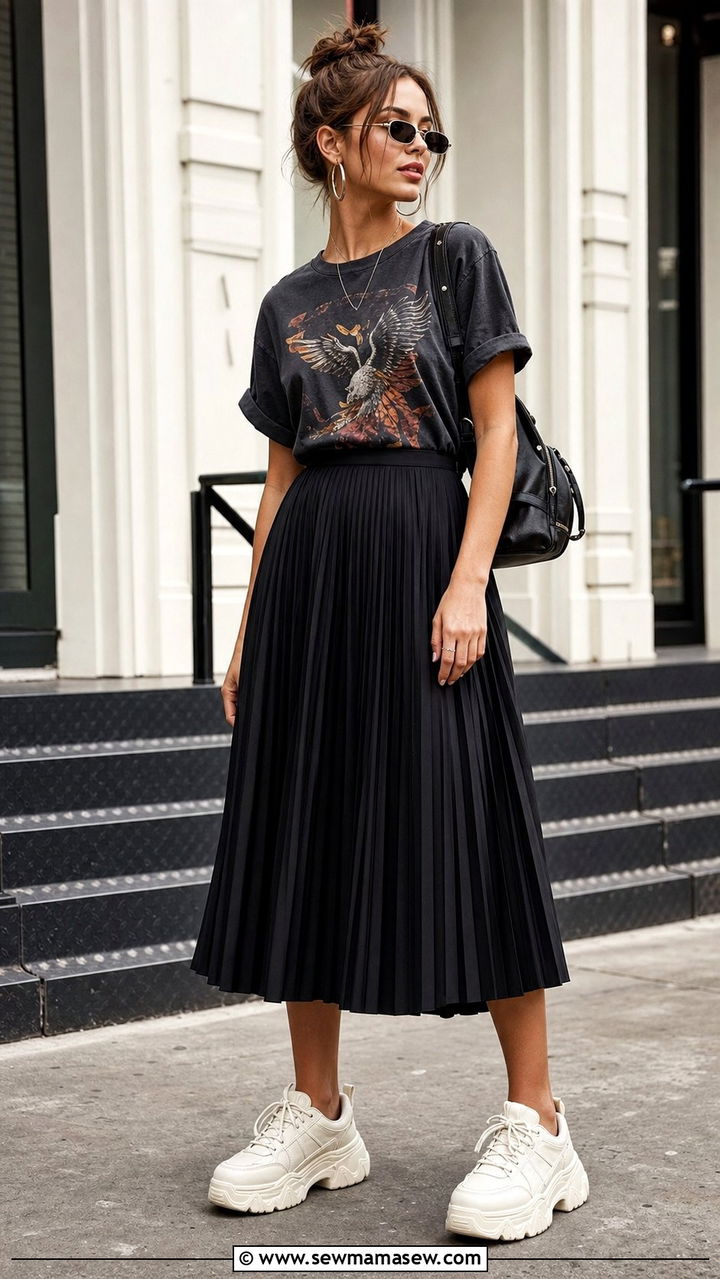 Graphic T Shirt with a Pleated Skirt - 35 basic t-shirt outfit ideas for women