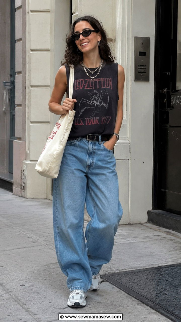 Graphic Tank Top With Baggy Jeans And Sneakers - 30 chic tank top outfit ideas
