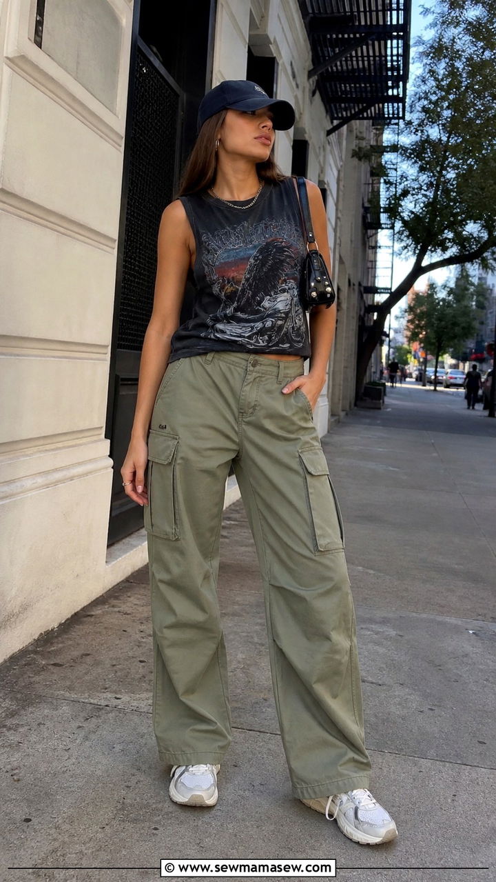 Graphic Tank Top With Cargo Pants and Chunky Sneakers - 40 casual tank top outfits