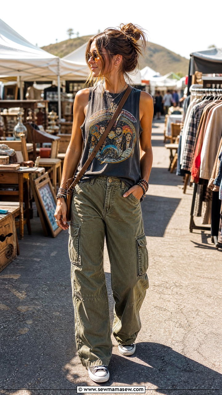 Graphic Tank Top With Cargo Pants and Sneakers - 25 Cargo pants outfit ideas with tank top