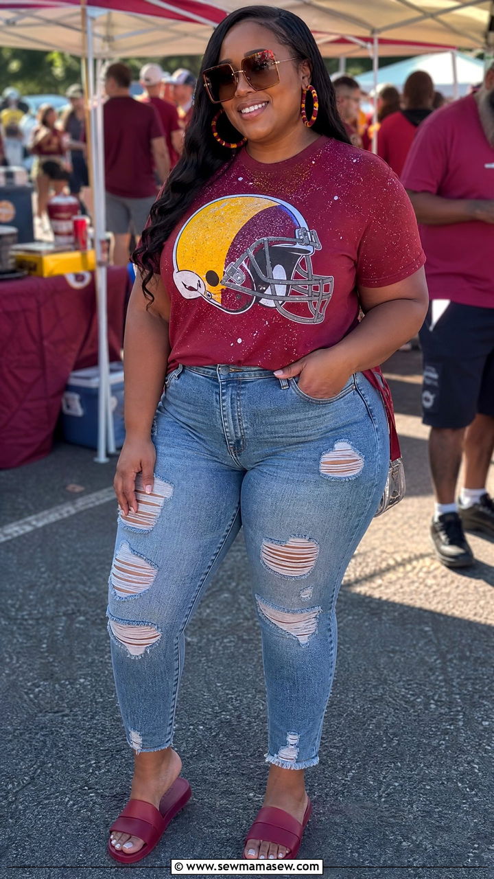 Graphic Team Tee With Distressed Jeans And Slides - 30 Football game outfit ideas plus size