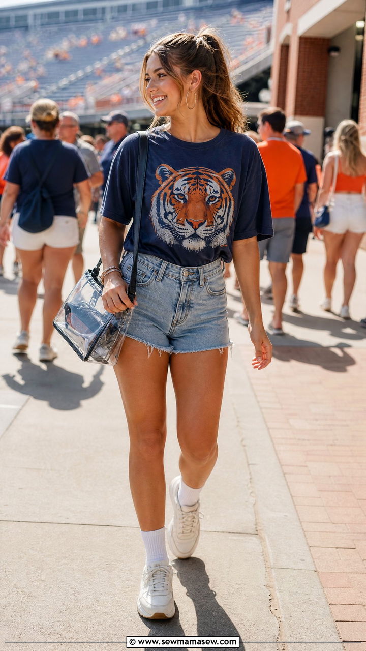 Graphic Team Tee with Denim Shorts - 35 Gameday outfit ideas college