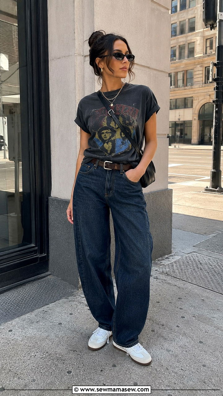 Graphic Tee And Barrel Jeans With White Sneakers - 25 Barrel jeans outfit ideas with white sneakers