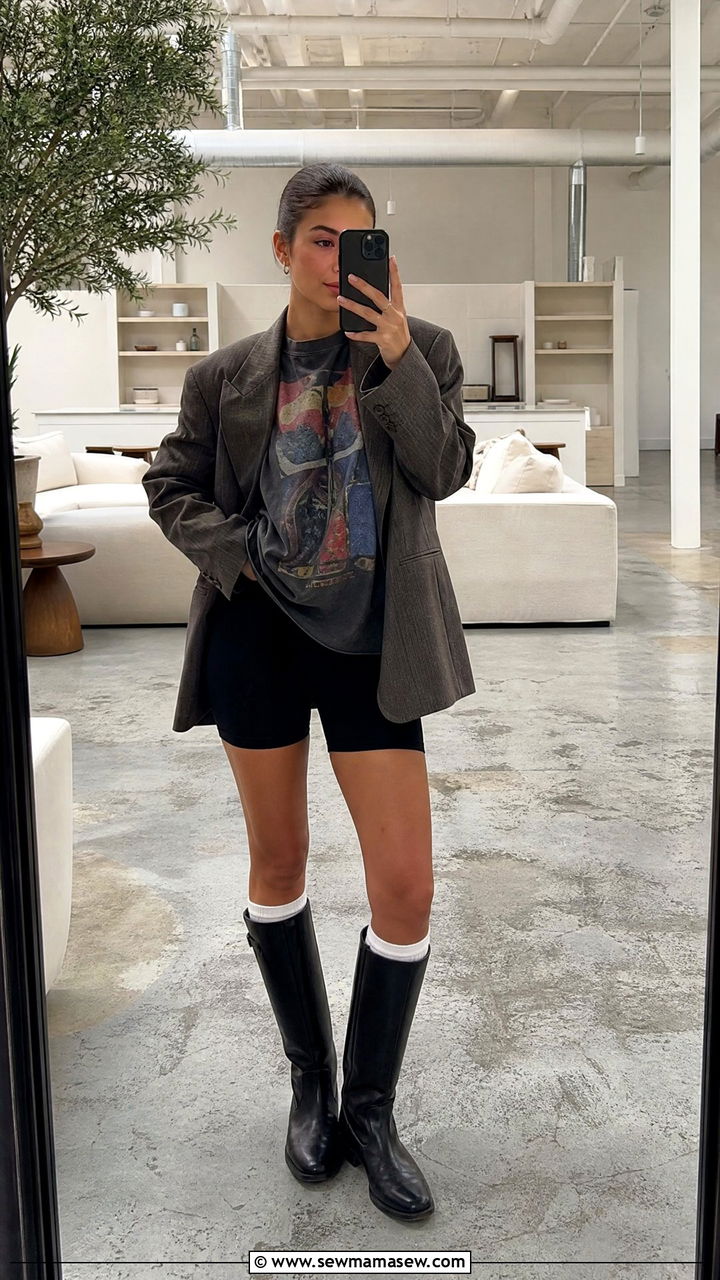 Graphic Tee And Biker Shorts With Riding Boots - 25 Summer outfits with riding boots