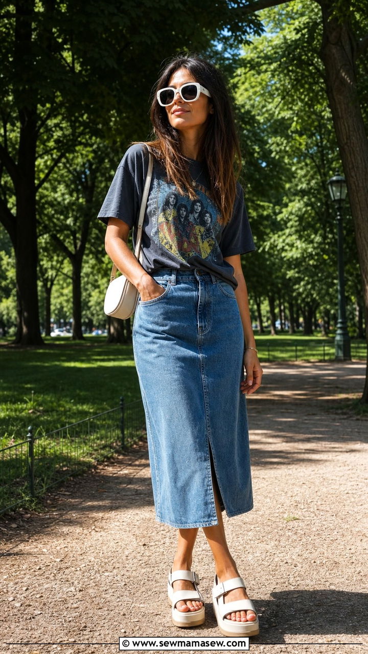Graphic Tee And Denim Skirt With Oversized Sunglasses - 25 summer outfits with oversize sunglasses