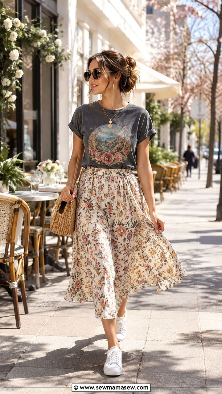 Graphic Tee And Floral Midi Skirt - 30 Spring brunch outfit ideas 2026