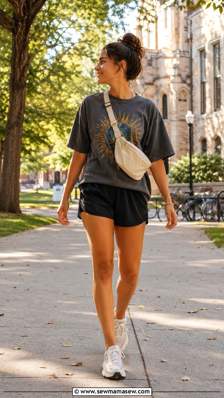 Graphic Tee And Loose Running Shorts Morning Outfit - 25 Morning run outfit ideas