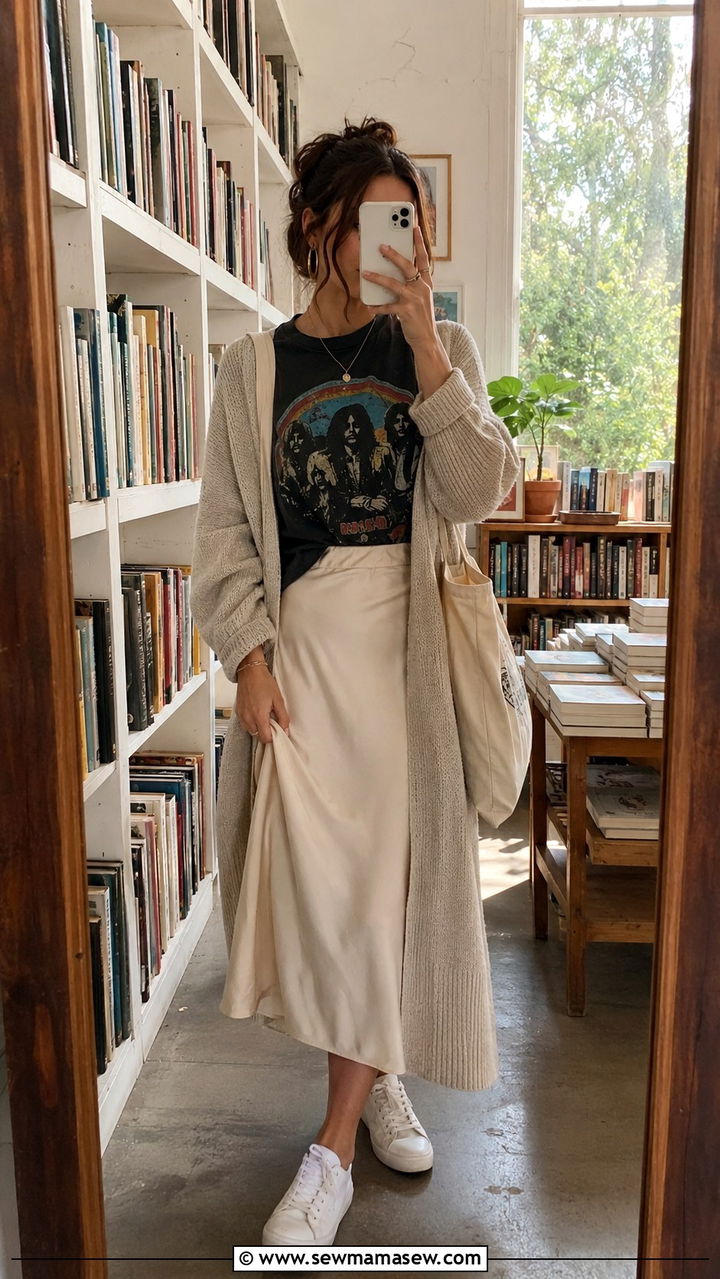 Graphic Tee And Midi Skirt Outfit With Sneakers - 20 Summer outfits for 65 degree weather