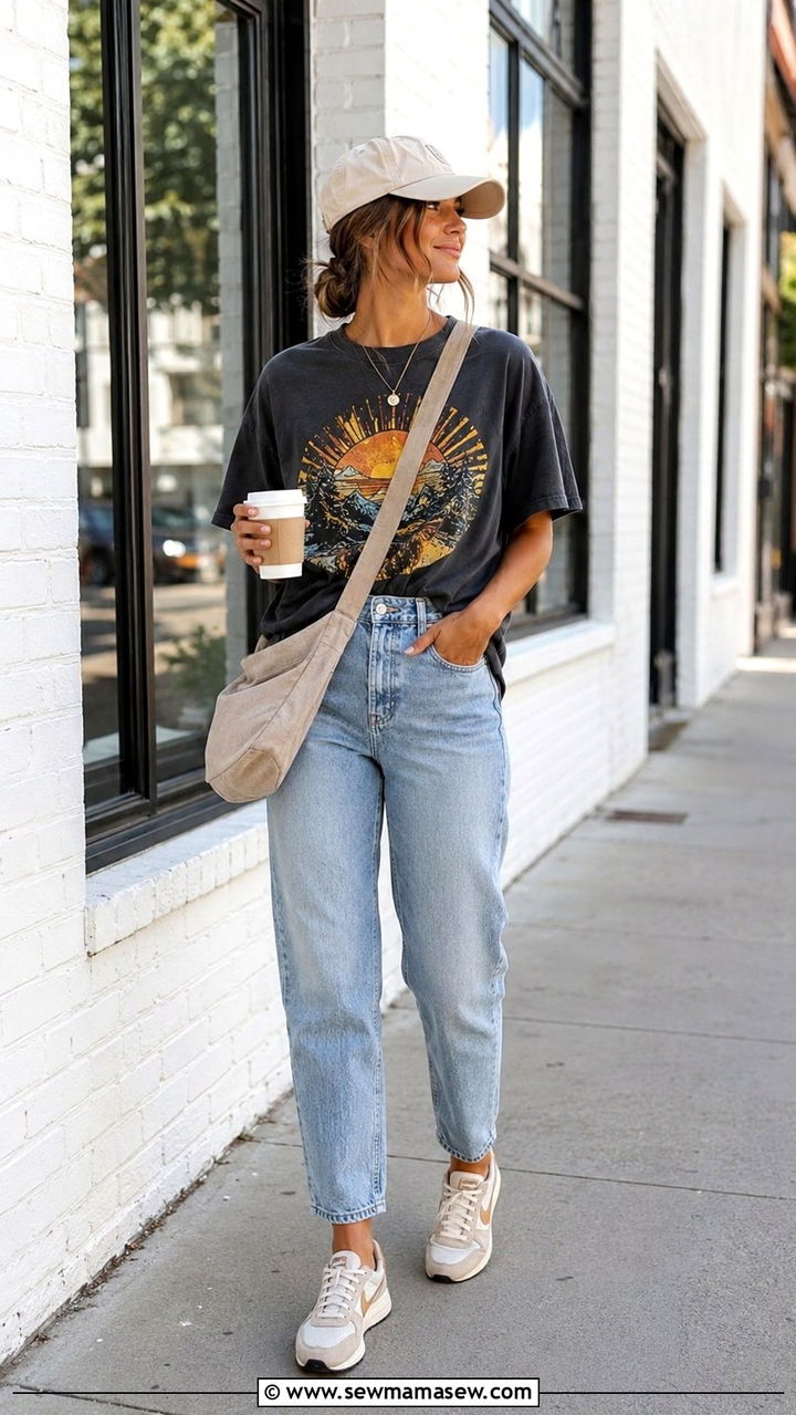 Graphic Tee And Mom Jeans With Sneakers - 25 Mom uniform outfit ideas