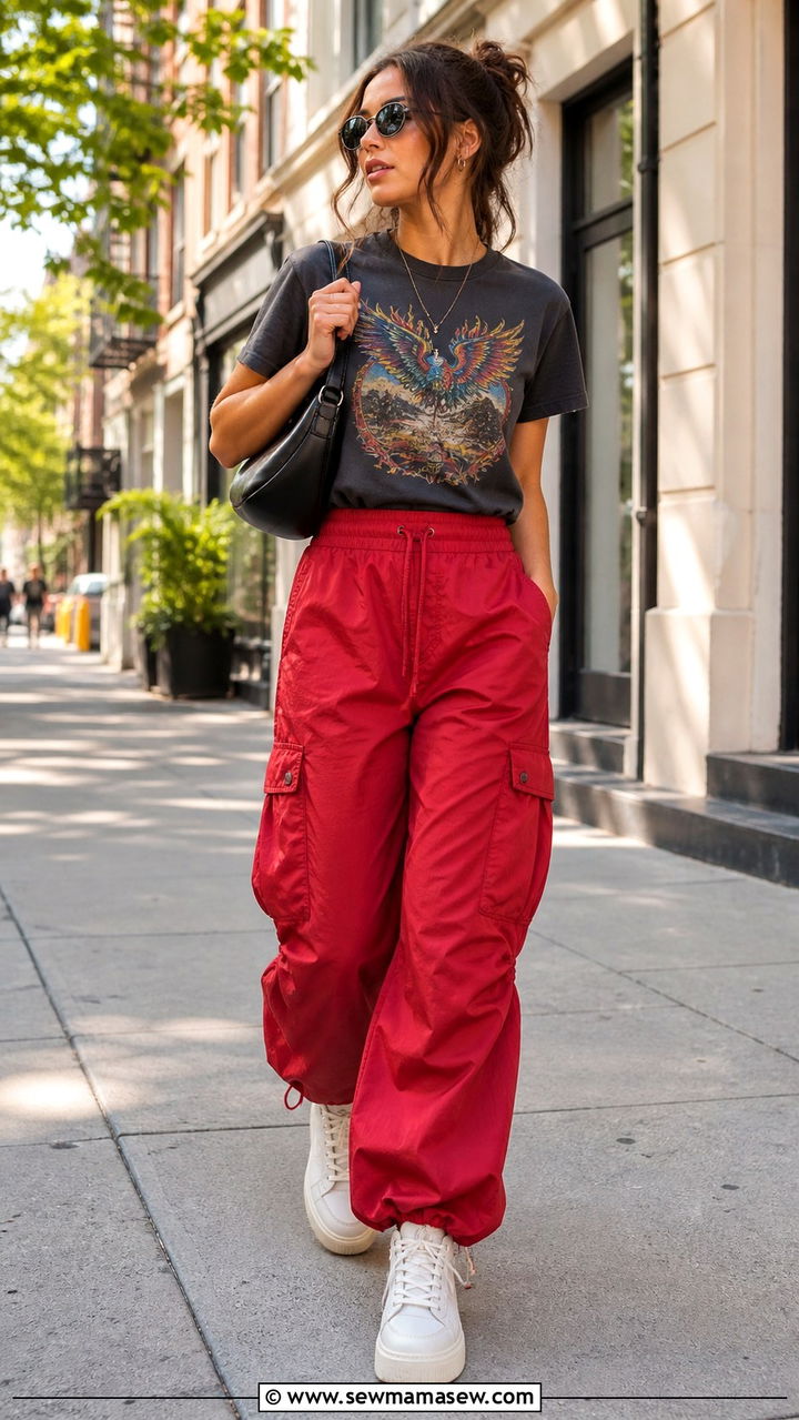 Graphic Tee And Parachute Cargo Pants With Platform Sneakers - 40 casual travel outfits