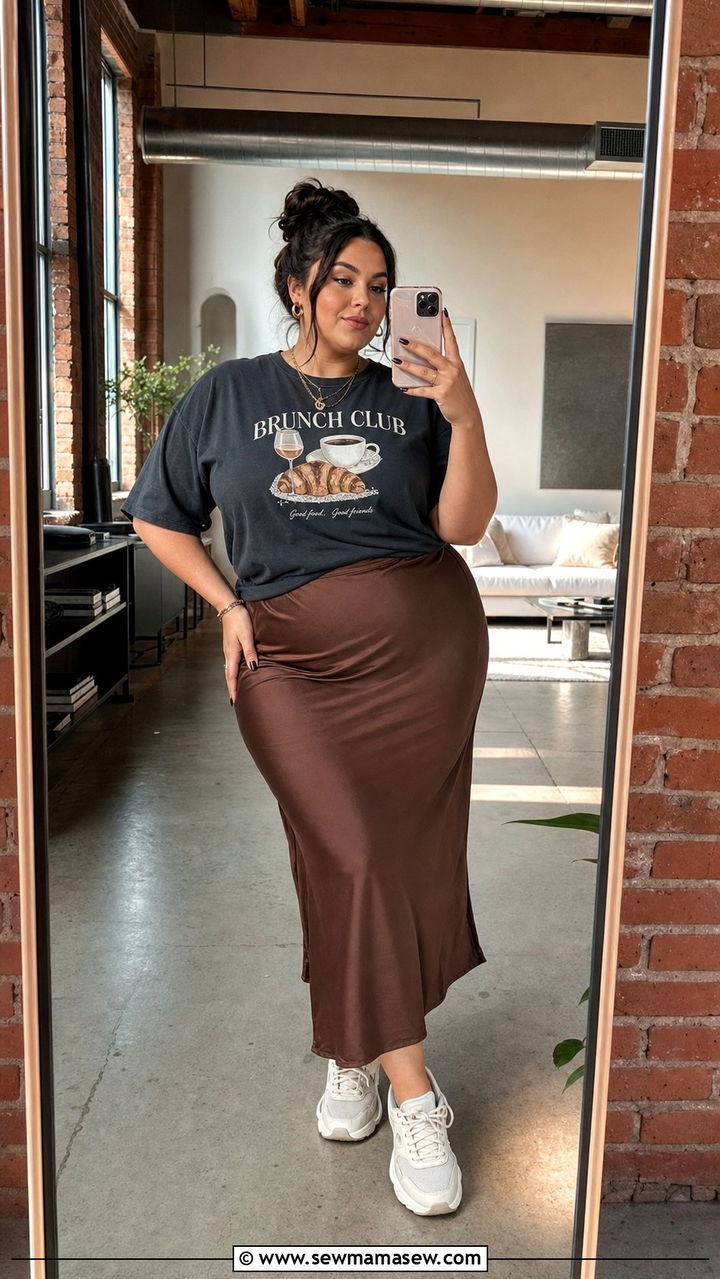 Graphic Tee And Satin Slip Skirt - 35 Brunch outfits for curvy women