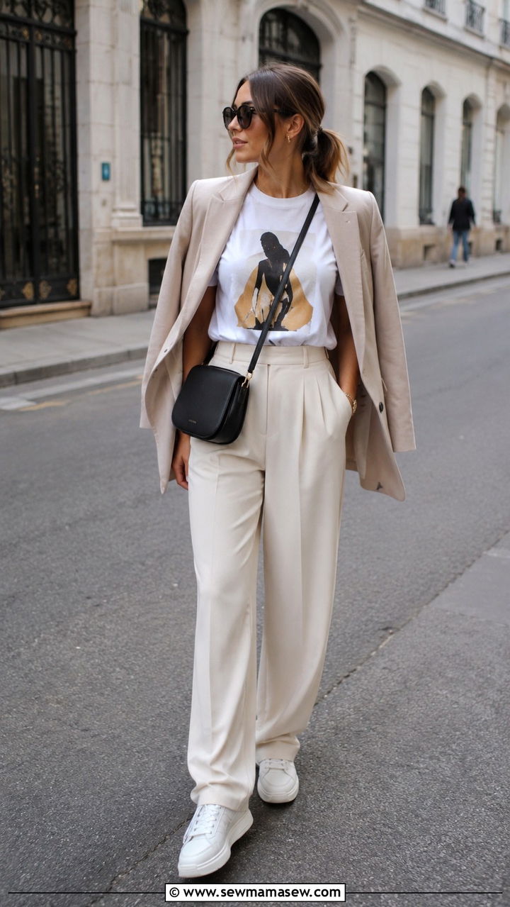 Graphic Tee And Tailored Trousers - 30 spring outfits for women over 30