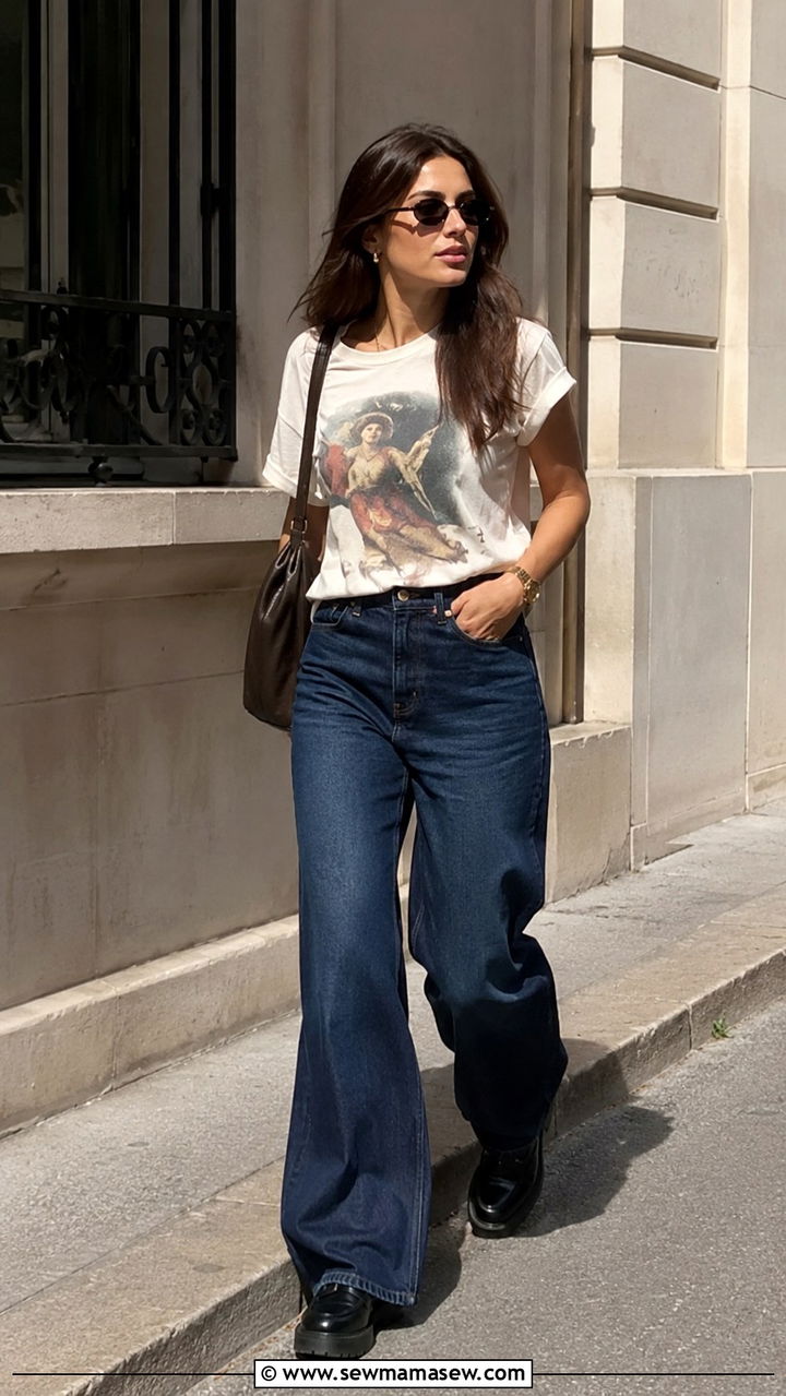 Graphic Tee And Wide Leg Jeans With Loafers - 25 Wide leg jeans outfit ideas with loafers