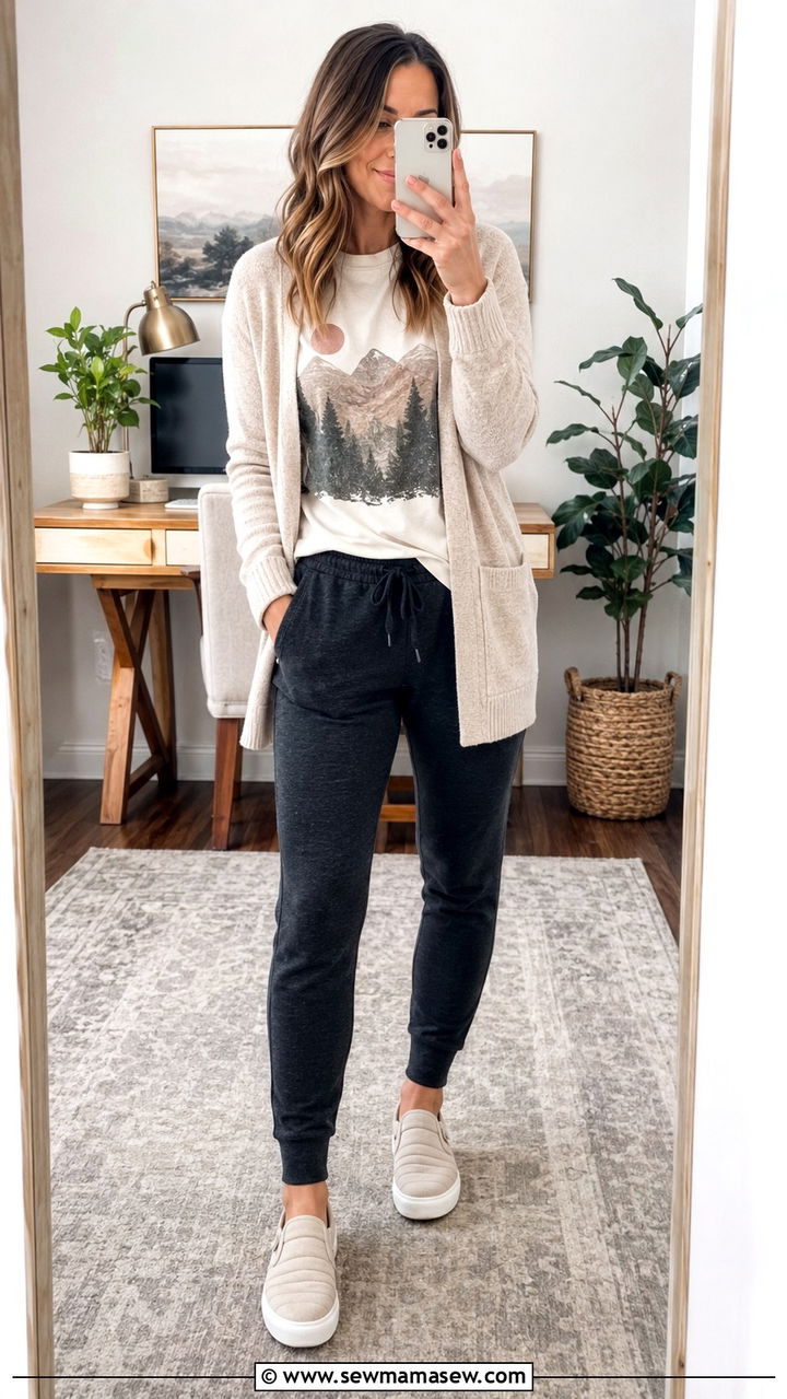 Graphic Tee Cardigan and Joggers Outfit for Editing - 25 Videographer outfit ideas