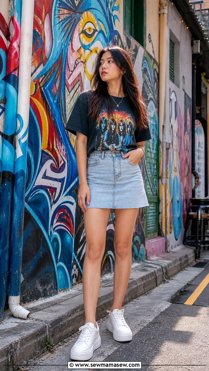 Graphic Tee Denim Mini Skirt Sneakers - 40 Singapore outfit ideas