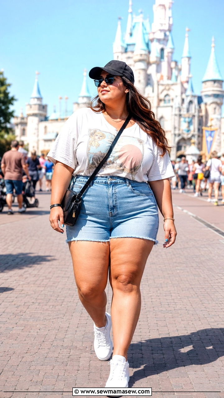 Graphic Tee Denim Shorts and White Sneakers - 30 Plus size theme park outfit ideas