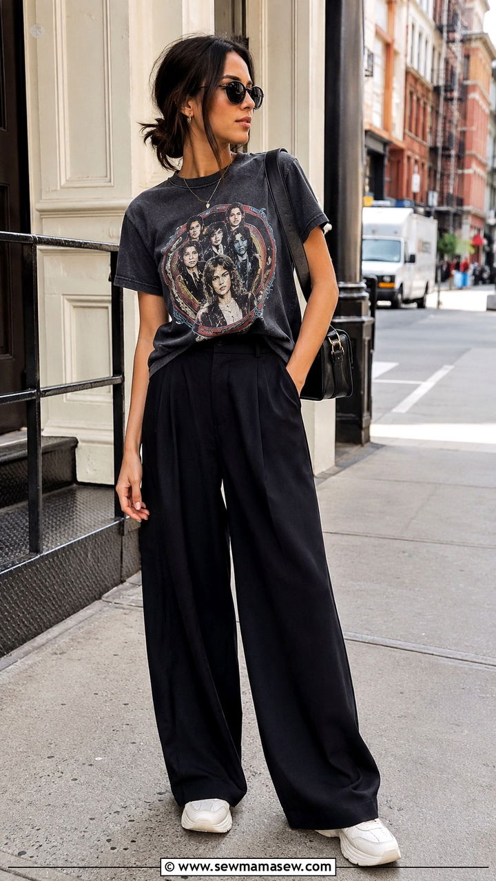 Graphic Tee Front Tuck Wide Leg Pants - 30 how to style wide leg pants outfits