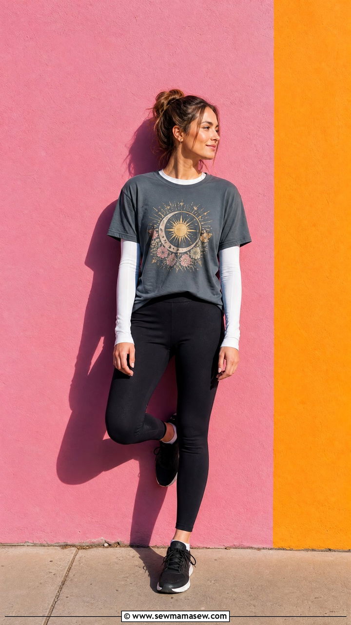Graphic Tee Layered Over Long Sleeve With Black Leggings - 30 spring athleisure outfits