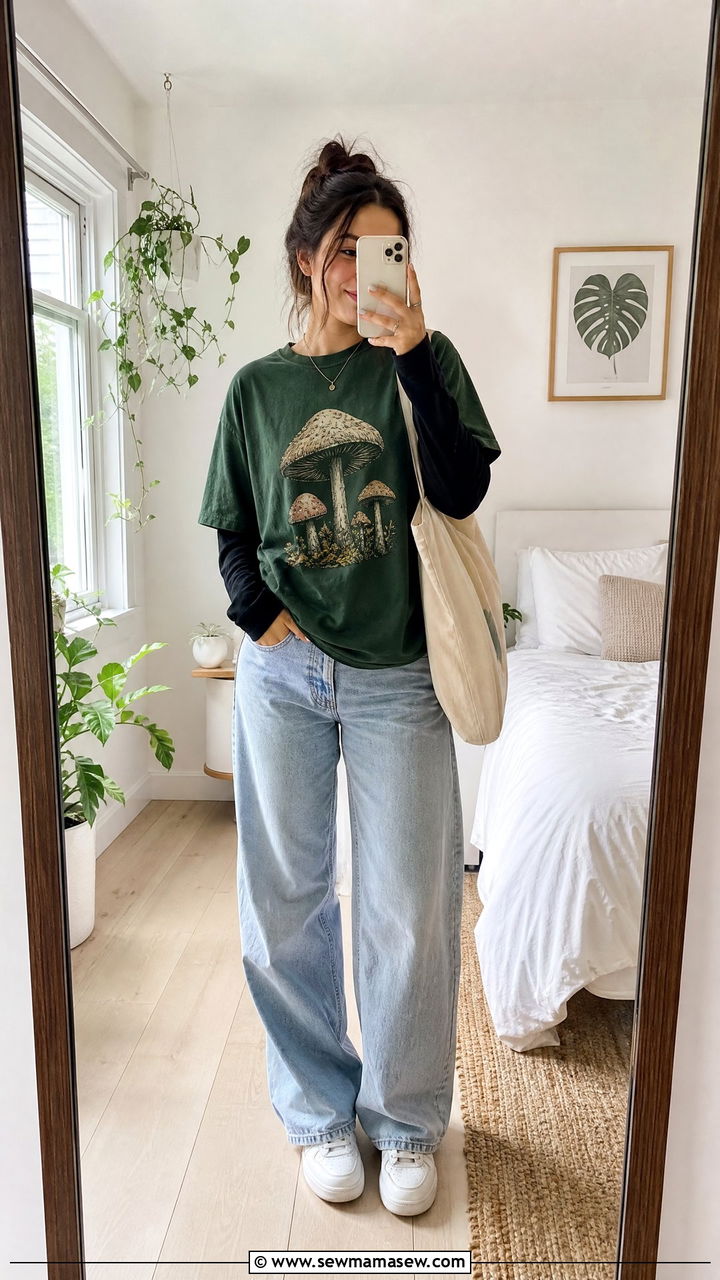 Graphic Tee Layered Over a Long Sleeve Shirt with Baggy Jeans - 25 Graphic t-shirt outfit ideas 2026