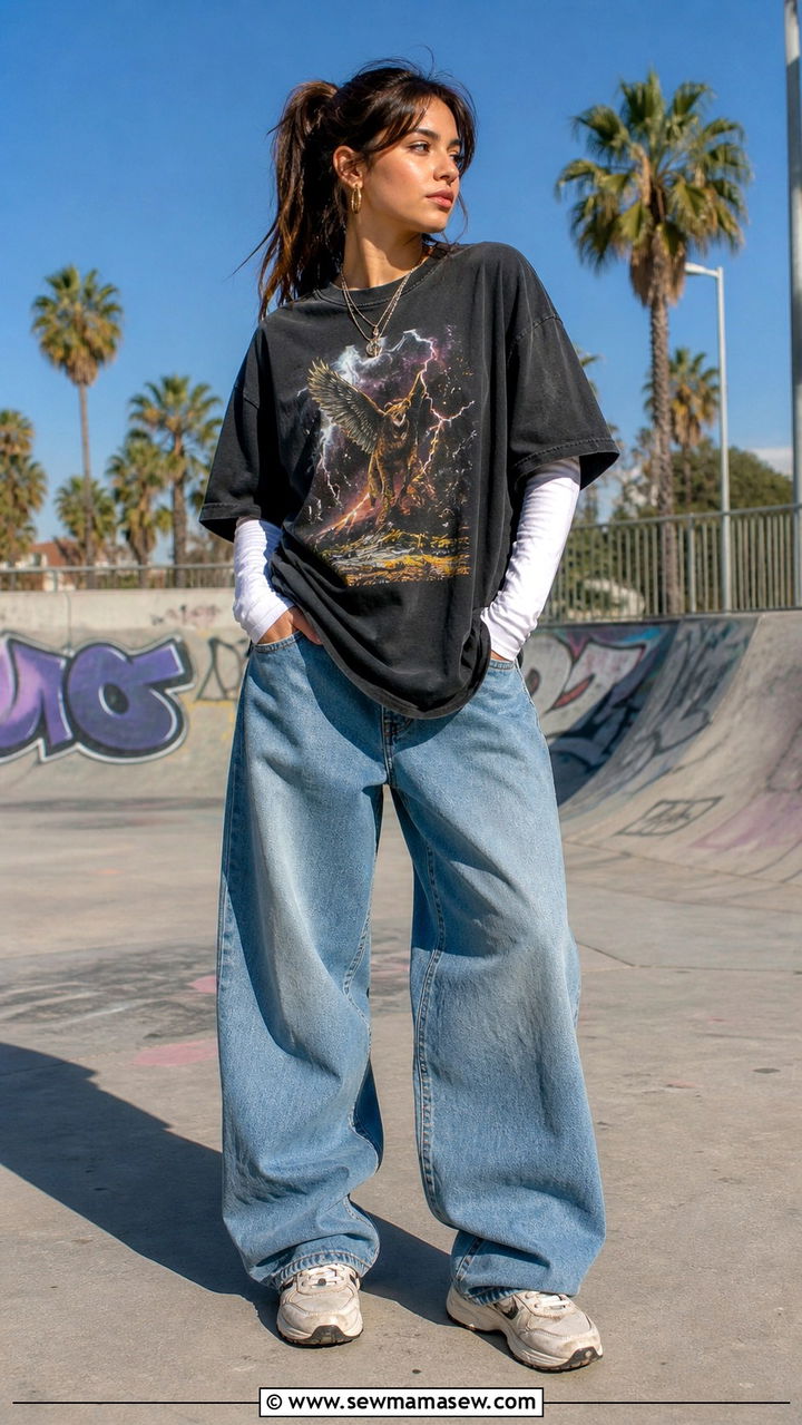 Graphic Tee Layered Over a Long Sleeve with Jeans - 40 casual graphic tee outfits