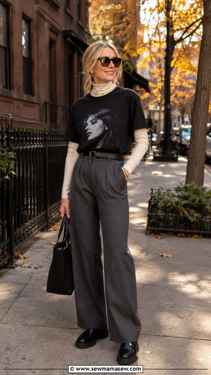 Graphic Tee Layered Over a Turtleneck - 20 graphic tee outfits for women over 40