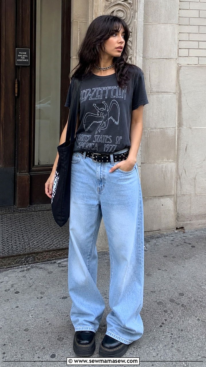 Graphic Tee Studded Belt Baggy Jeans Outfit - 40 Y2K outfits