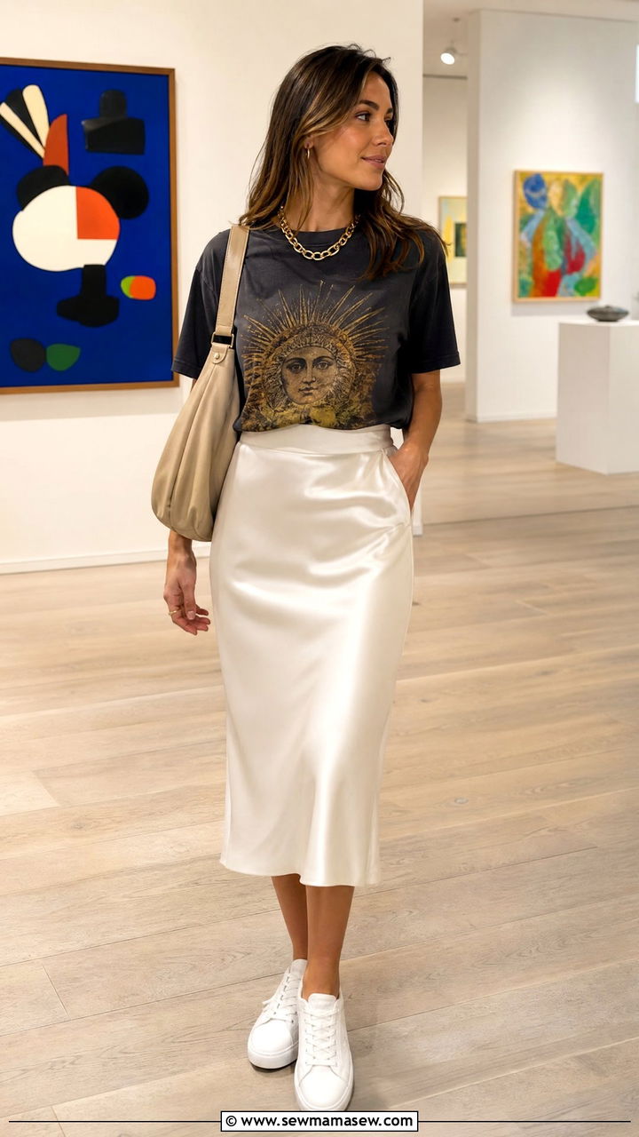 Graphic Tee Tucked Into Midi Column Skirt - 30 summer trendy outfit ideas