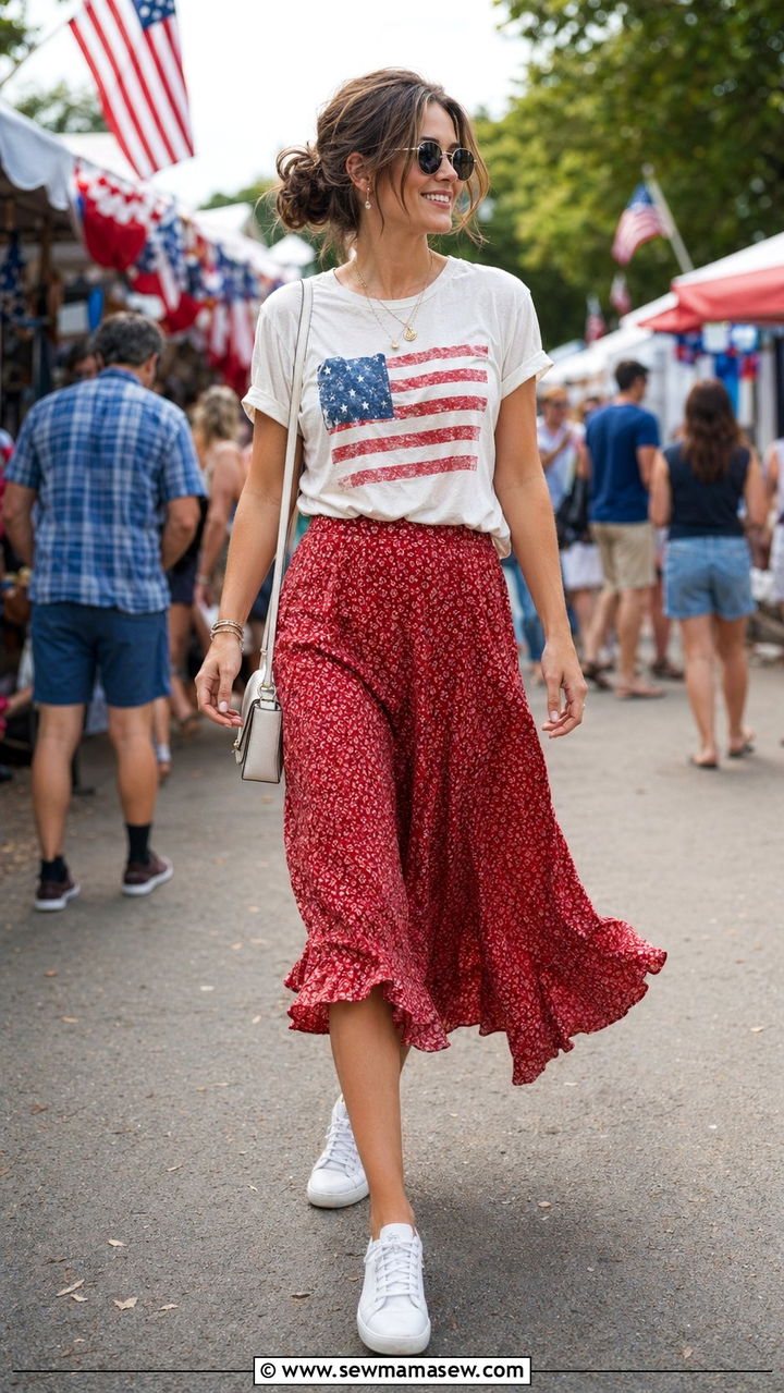 Graphic Tee Tucked Into Red Flowy Skirt - 35 4th of July outfits
