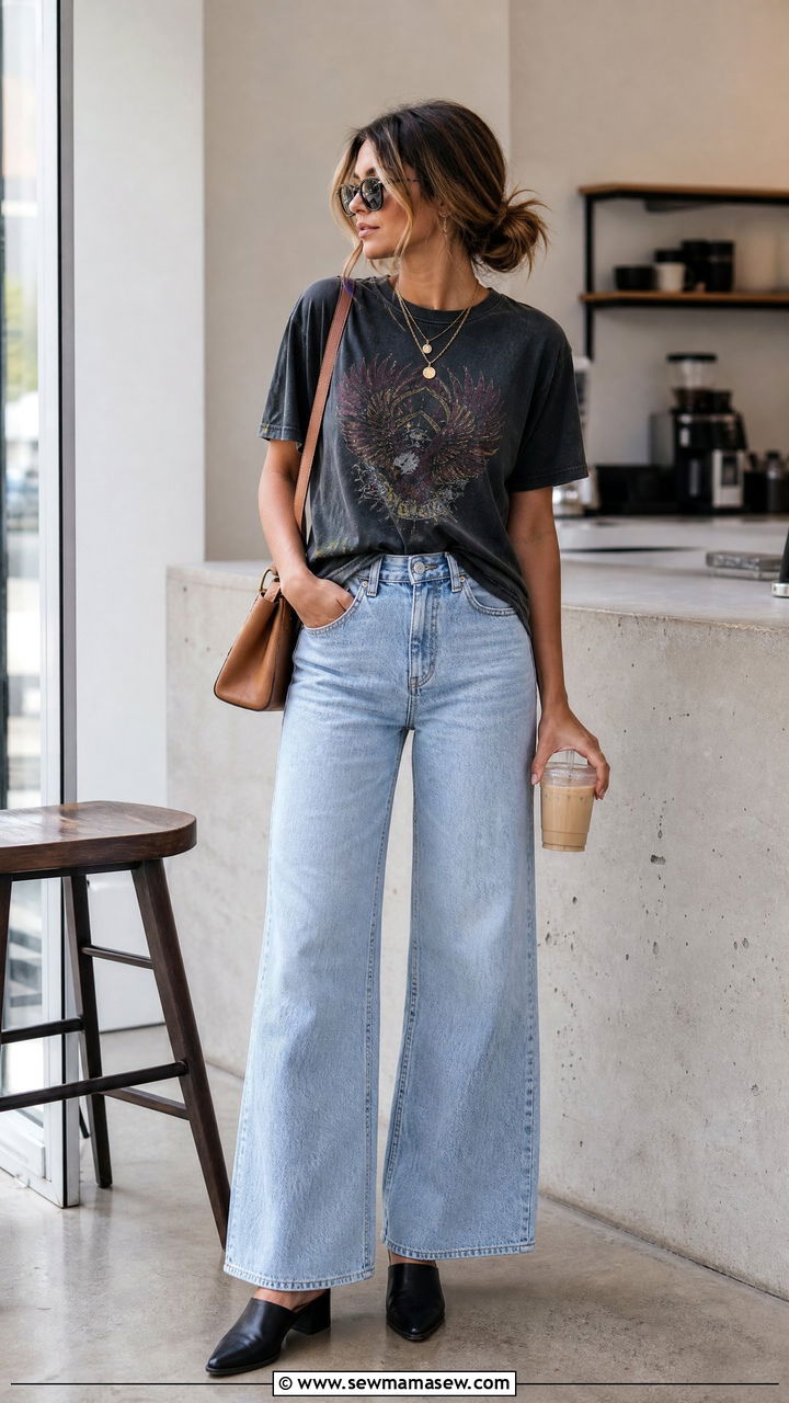 Graphic Tee Tucked into Wide Leg Jeans with Mules - 25 Graphic t-shirt outfit ideas 2026