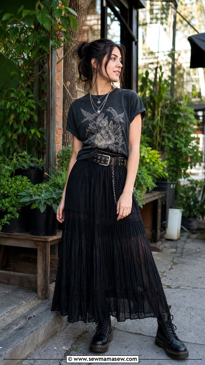 Graphic Tee With A Black Maxi Skirt And Combat Boots - 25 cute grunge outfits
