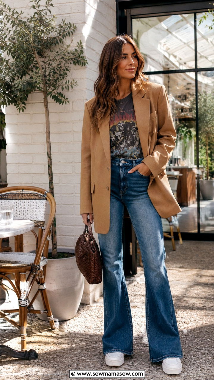 Graphic Tee With A Camel Blazer Flare Jeans And White Sneakers - 30 casual trendy outfits