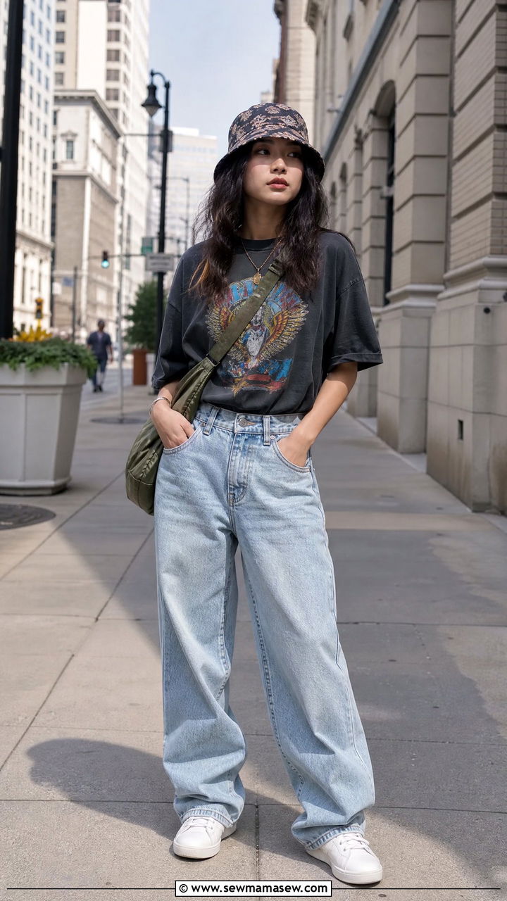 Graphic Tee With Baggy Jeans And A Bucket Hat - 30 streetwear outfits ideas
