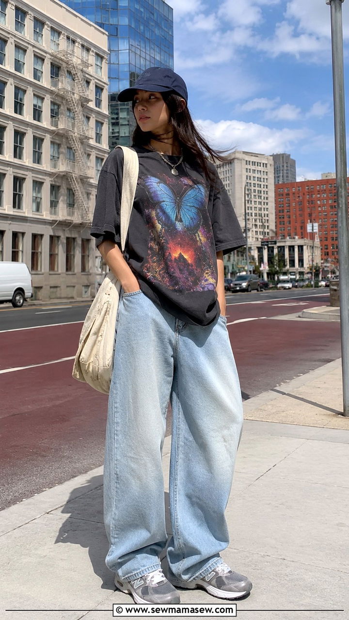Graphic Tee With Baggy Jeans And Retro Sneakers - 30 spring sporty chic outfit ideas