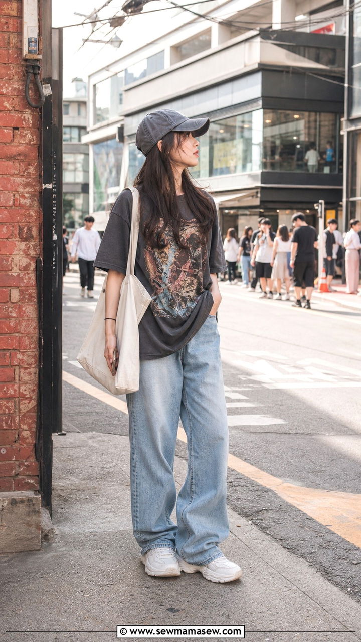 Graphic Tee With Baggy Jeans And Sneakers Seoul - 40 Seoul outfit ideas