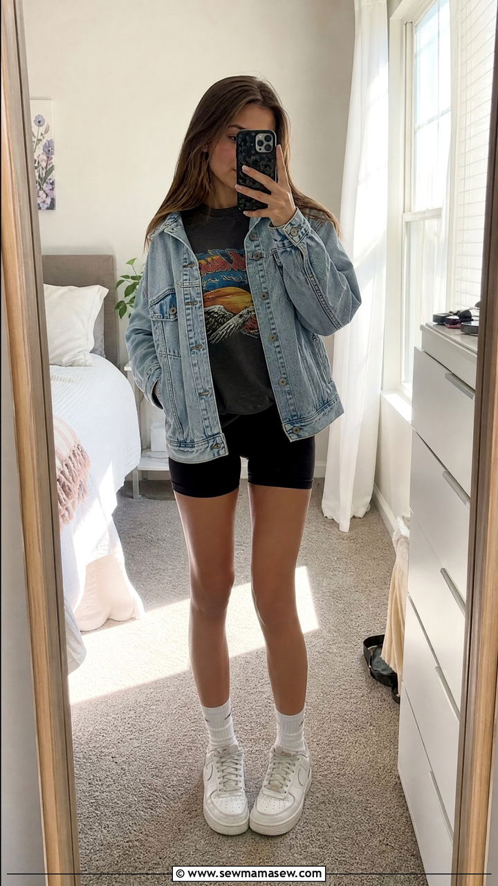 Graphic Tee With Biker Shorts And Oversized Denim Jacket - 25 Petite outfit ideas for teens