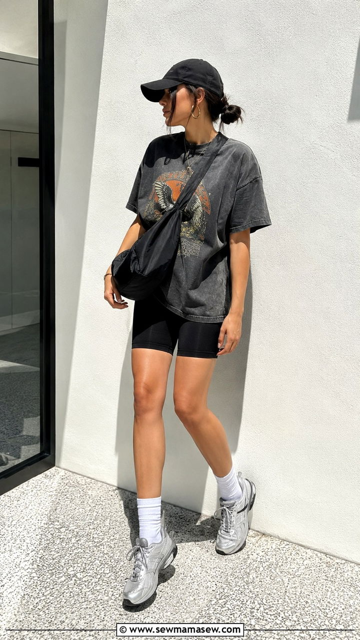 Graphic Tee With Biker Shorts and Crew Socks With Sneakers - 30 Spring outfits with sneakers
