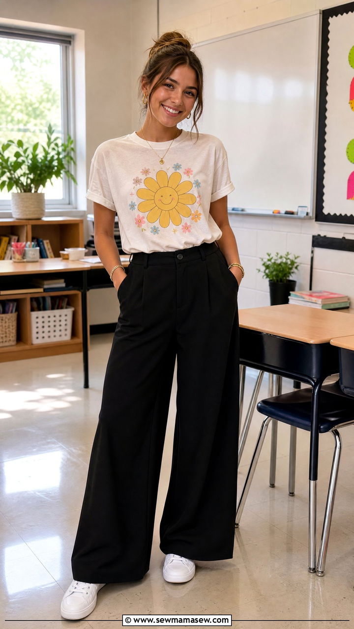 Graphic Tee With Black Wide Leg Pants Outfit - 30 summer outfits for teachers