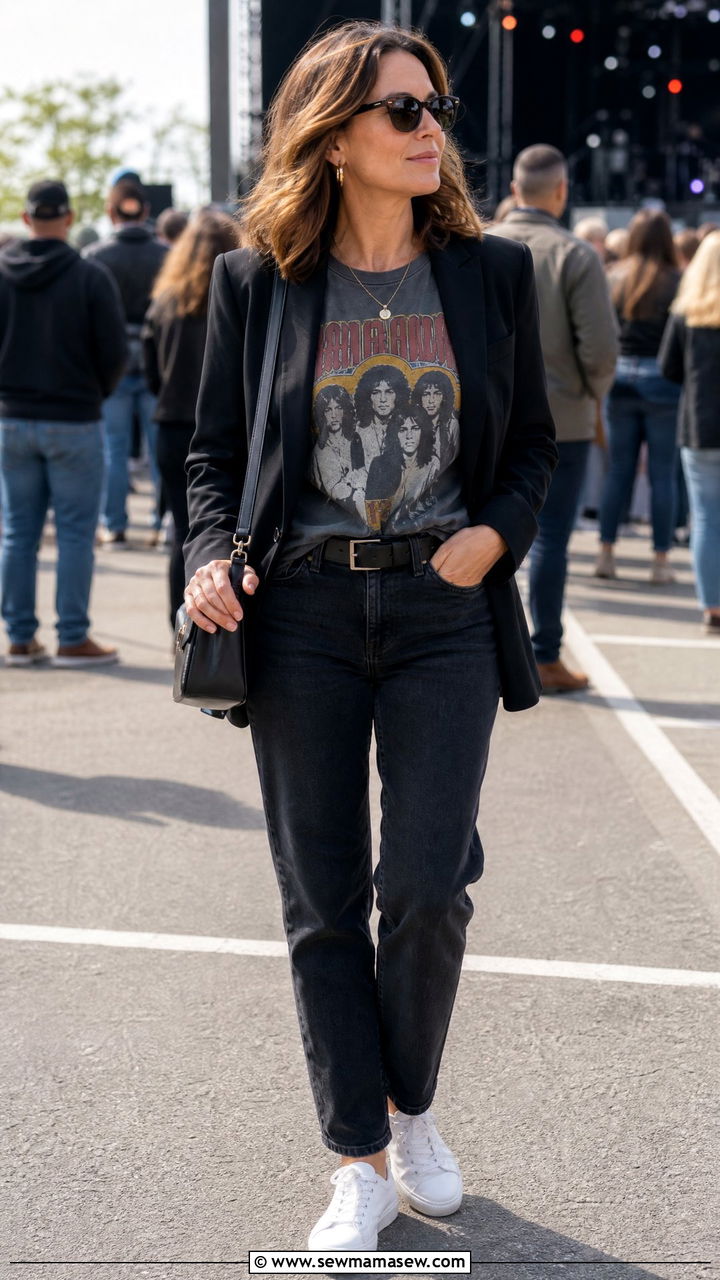 Graphic Tee With Blazer And Jeans Concert Outfit - 30 Concert outfits for women over 40