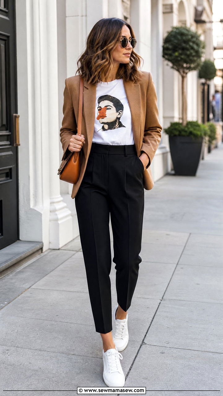 Graphic Tee With Blazer And Tailored Trousers - 25 chic graphic tee outfit ideas