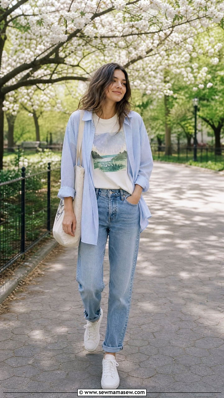 Graphic Tee With Boyfriend Jeans And Oversized Shirt - 30 Chill spring outfit ideas