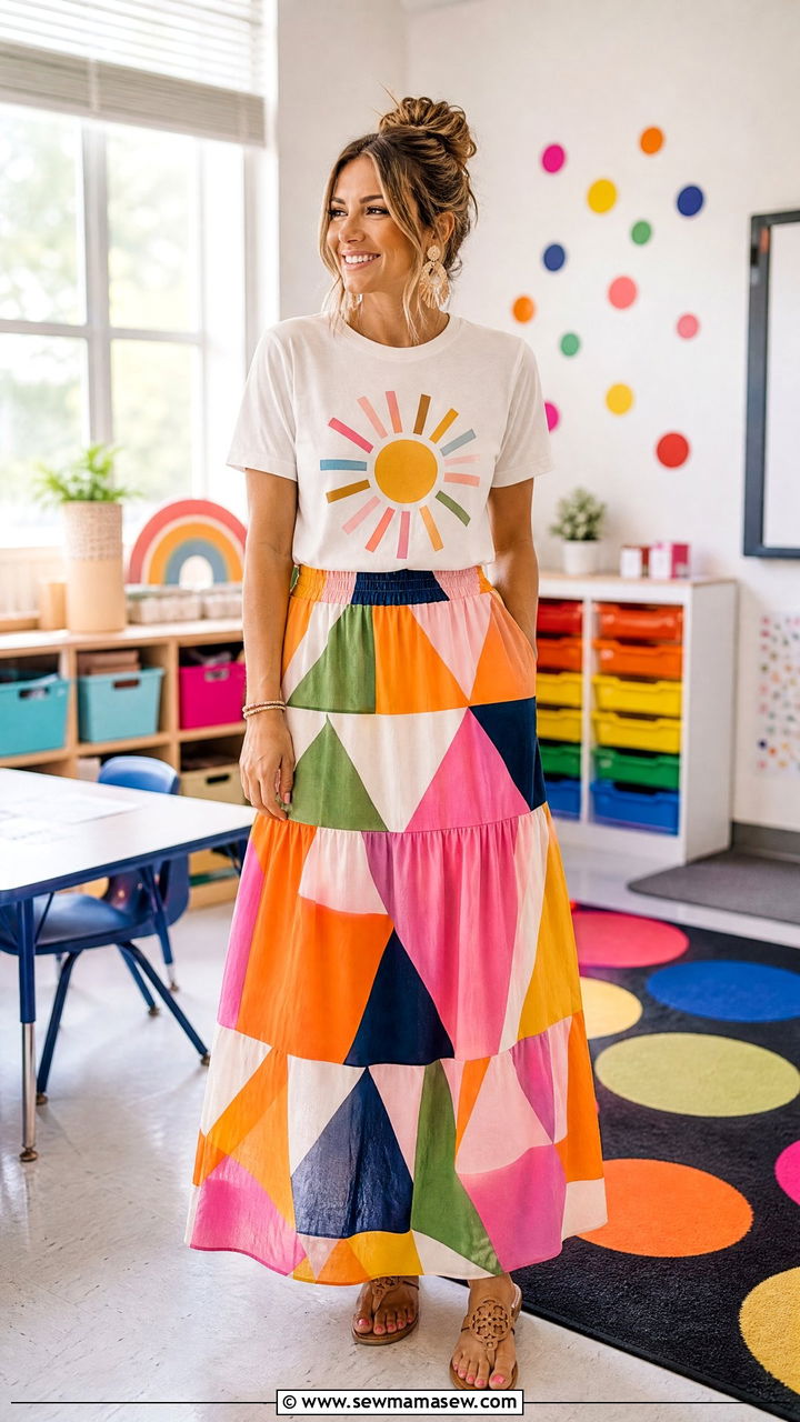 Graphic Tee With Bright Maxi Skirt Outfit - 30 summer outfits for teachers