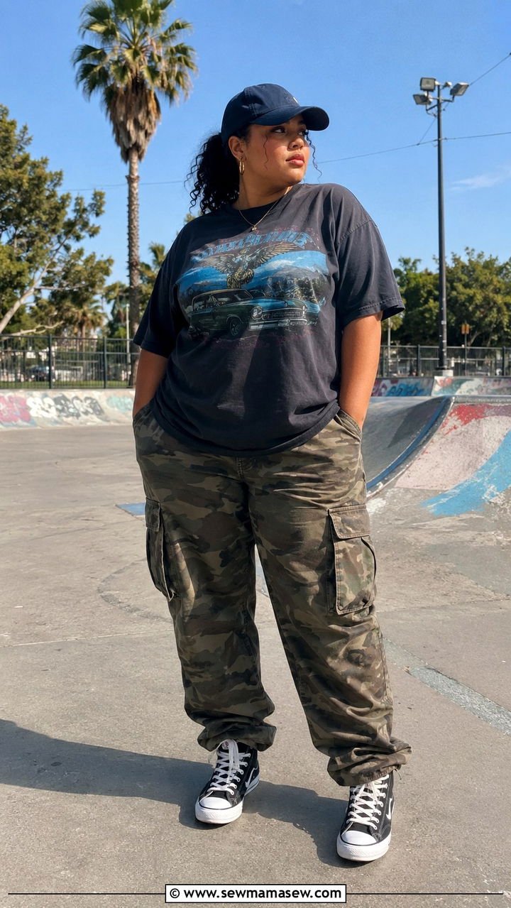 Graphic Tee With Camo Cargo Pants and High Top Sneakers - 30 Plus size outfit ideas with cargo pants