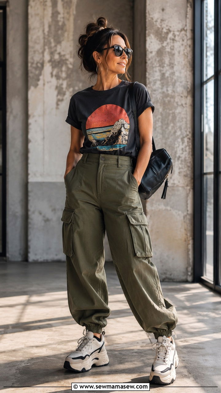 Graphic Tee With Cargo Pants - 20 graphic tee outfits for women over 40